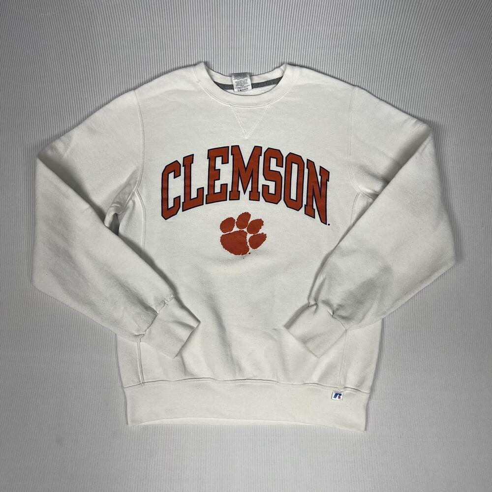 Clemson Tigers Sweatshirt Mens S White NCAA Football Russell Athletic Crewneck